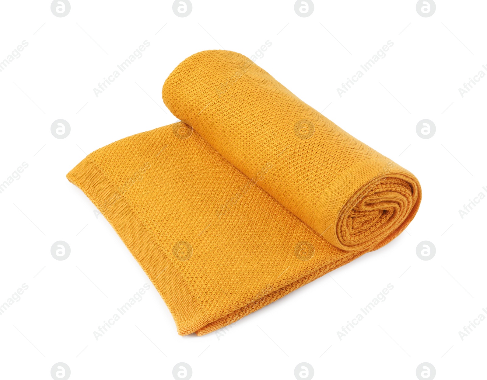 Photo of Beautiful yellow knitted blanket isolated on white