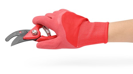 Photo of Woman in gardening glove holding secateurs on white background, closeup