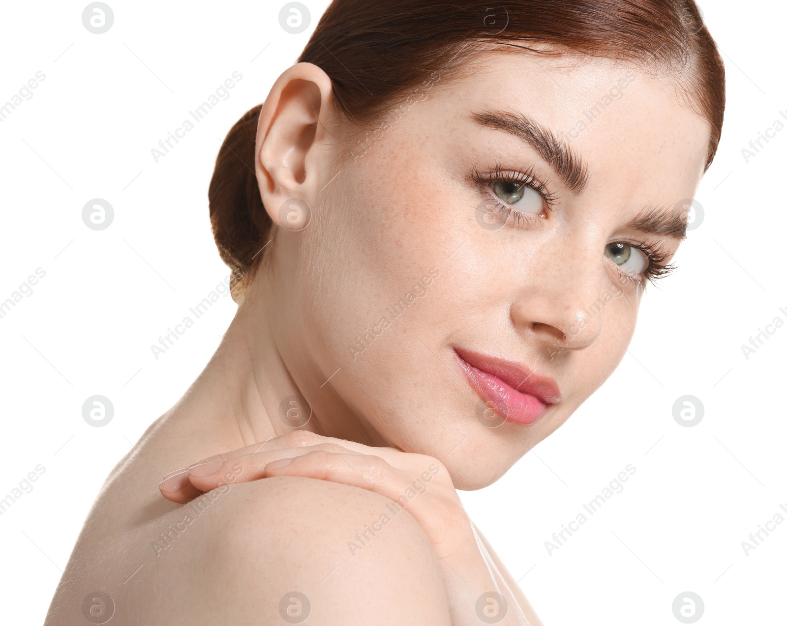 Photo of Portrait of beautiful woman on white background, closeup