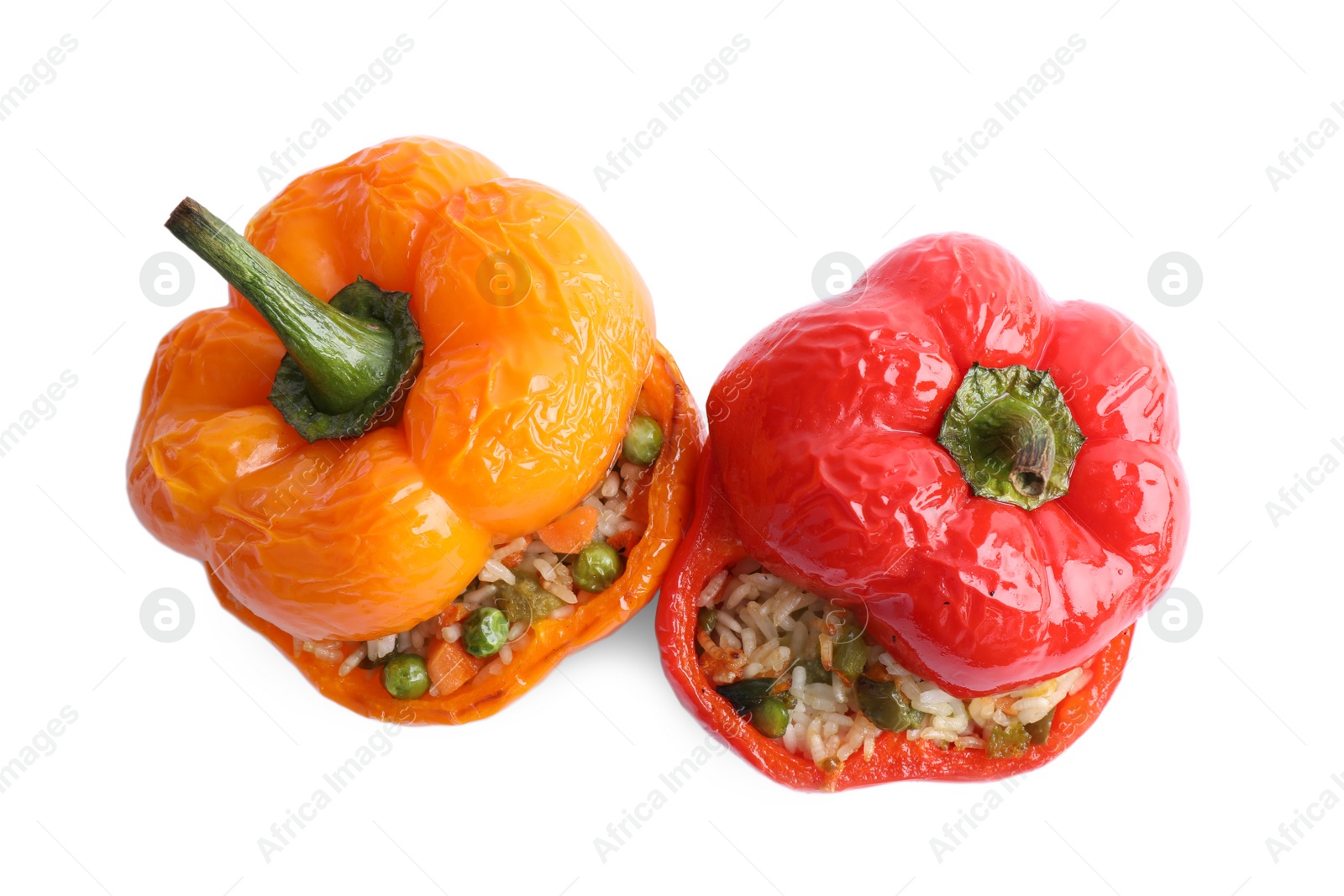 Photo of Tasty stuffed bell peppers isolated on white, top view