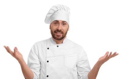 Photo of Puzzled mature male chef on white background