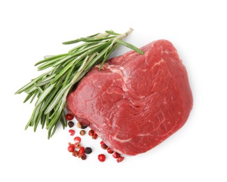 Photo of Piece of fresh beef meat with rosemary and spices isolated on white, top view