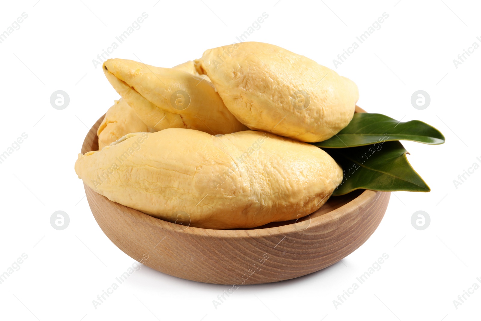 Photo of Wooden bowl with fresh ripe durian pieces and leaves isolated on white