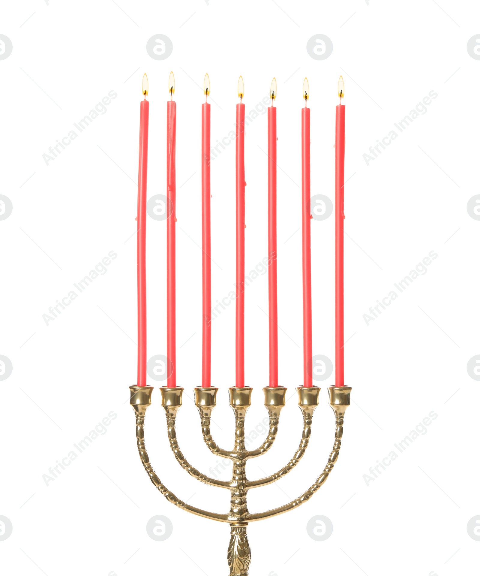 Photo of Golden menorah with burning candles on white background