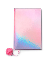 Stylish pink notebook isolated on white, top view
