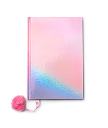 Photo of Stylish pink notebook isolated on white, top view