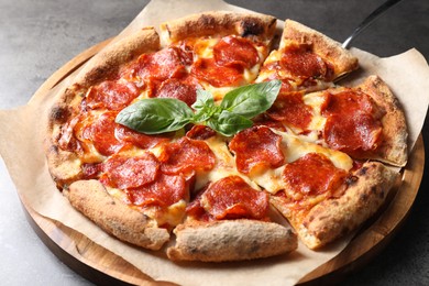 Tasty pepperoni pizza with basil on grey table