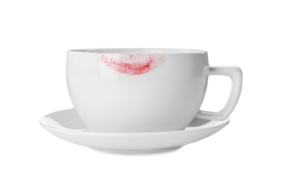 Ceramic cup with lipstick mark on white background