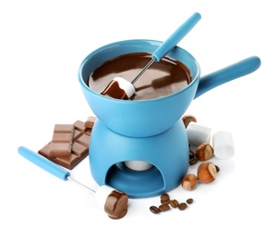 Photo of Fondue pot with chocolate and marshmallow isolated on white