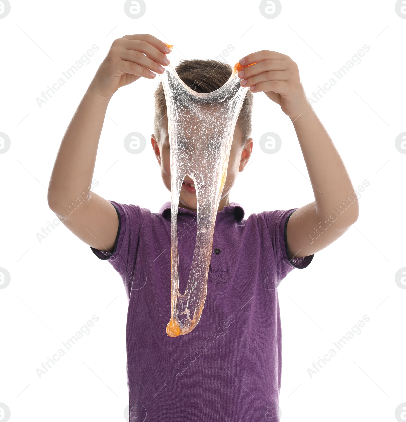 Photo of Little boy with slime on white background