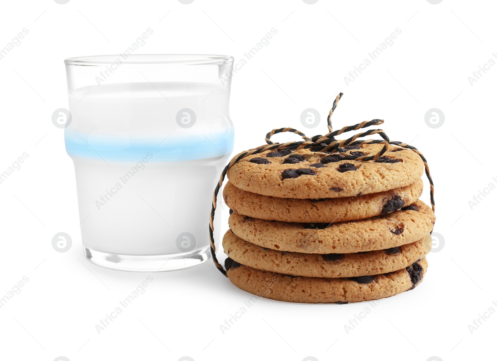 Photo of Stack of delicious chocolate chip cookies and glass of milk isolated on white