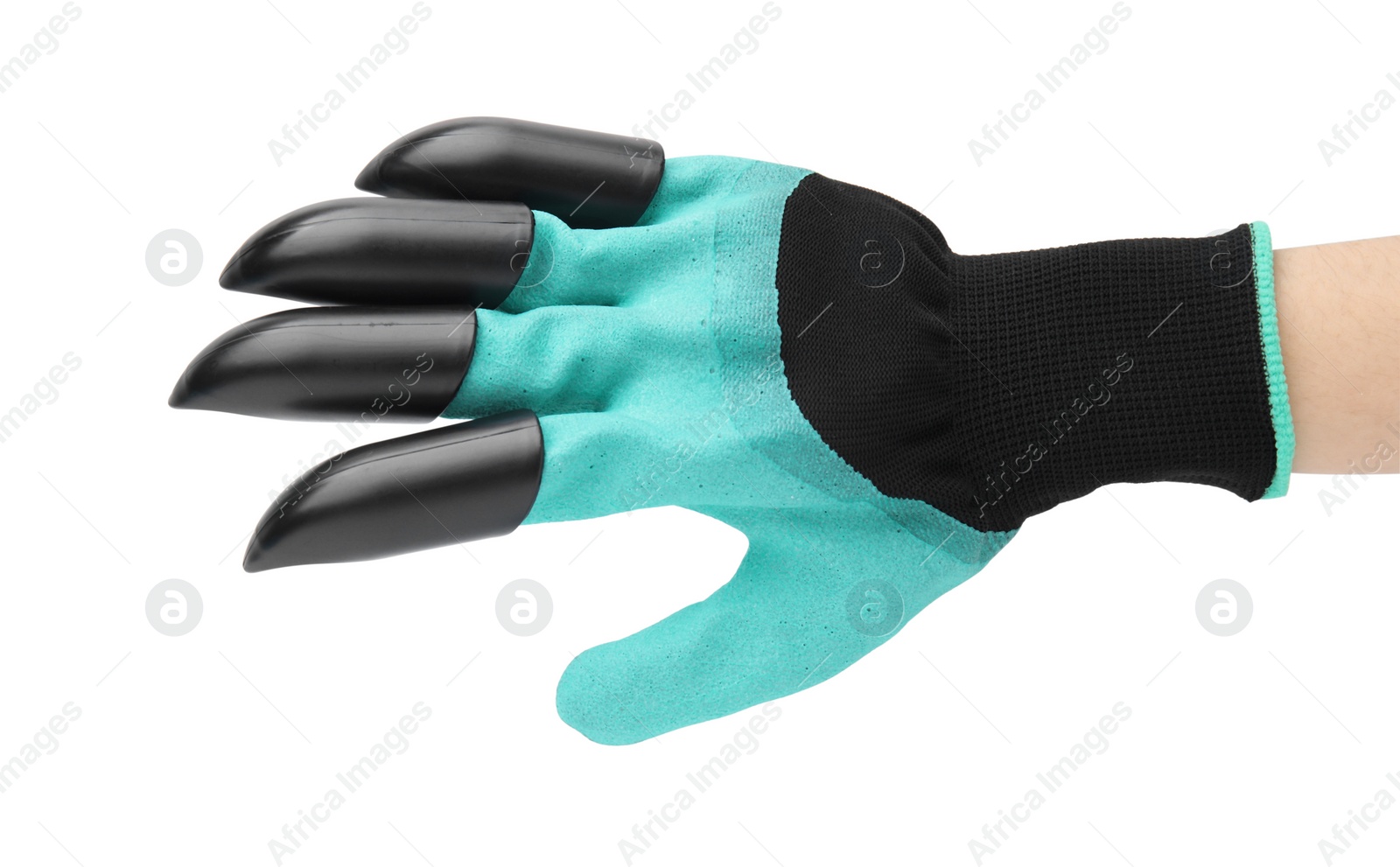 Photo of Woman in claw gardening glove on white background, closeup