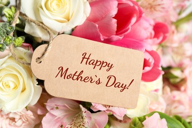 Image of Happy Mother's Day greeting label and beautiful flowers