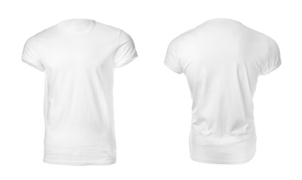 Stylish t-shirts on white background. Space for design