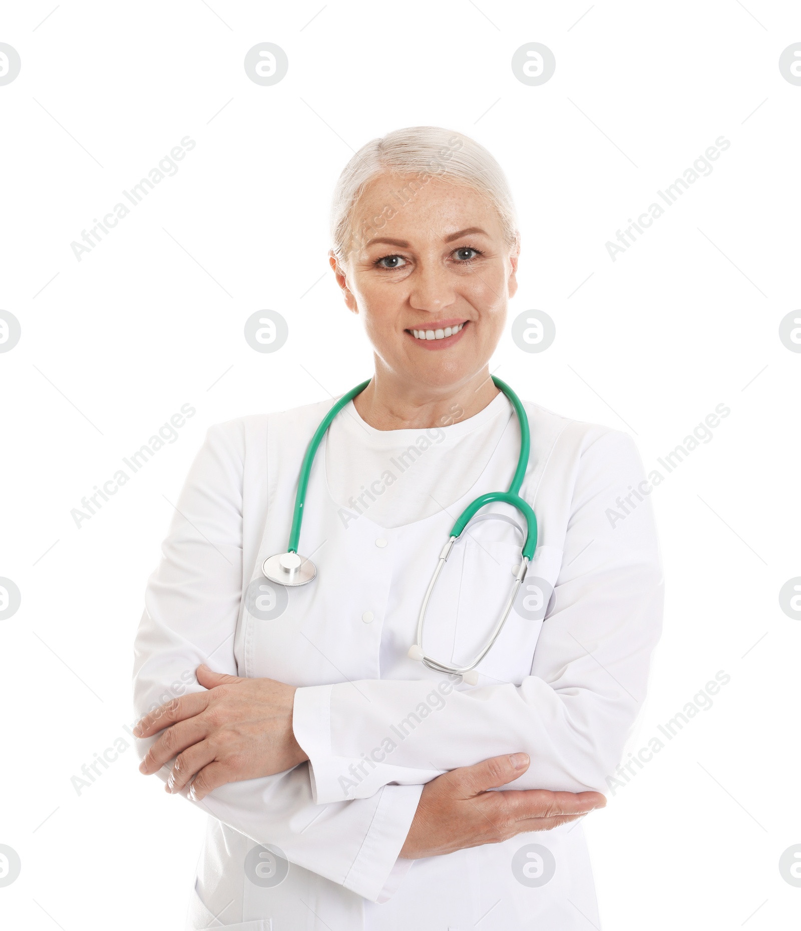 Photo of Portrait of female doctor isolated on white. Medical staff