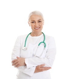 Photo of Portrait of female doctor isolated on white. Medical staff