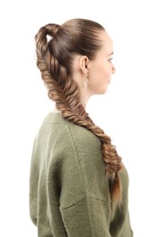 Woman with braided hair on white background