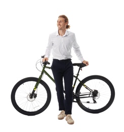Happy young man with bicycle on white background