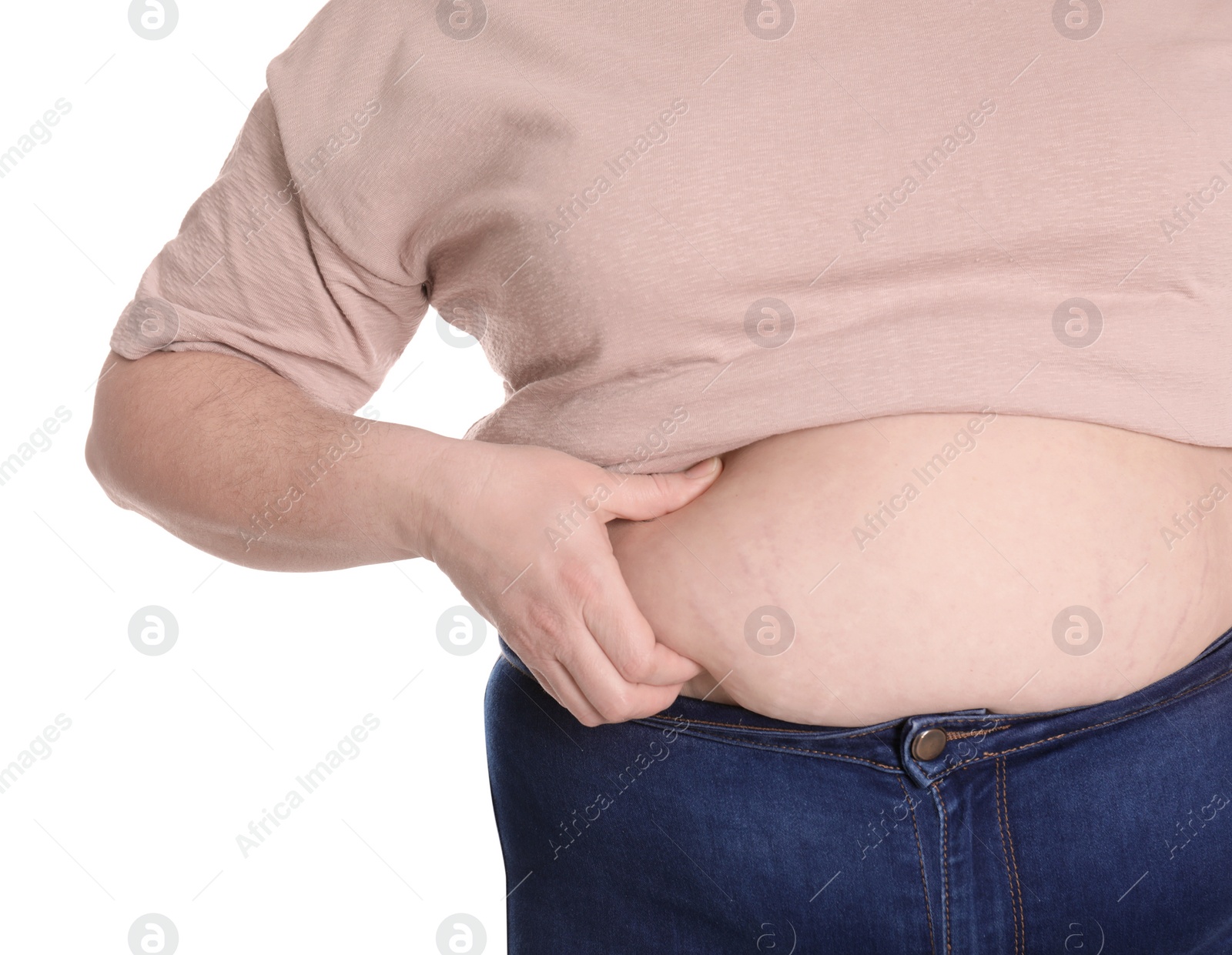 Photo of Overweight woman isolated on white, closeup. Obesity and weight loss