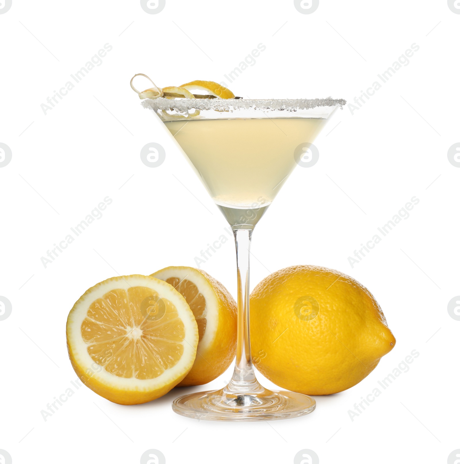 Photo of Lemon drop martini cocktail and fresh fruits on white background