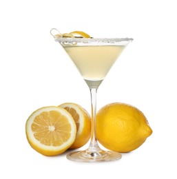 Photo of Lemon drop martini cocktail and fresh fruits on white background