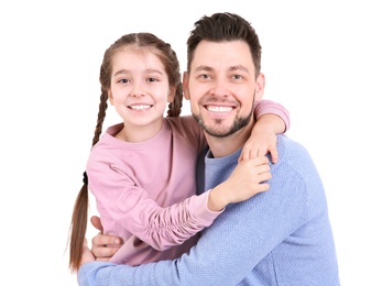 Photo of Dad and his daughter hugging on white background. Father's day celebration