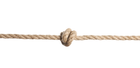 Photo of Rope with knot on white background. Simple design