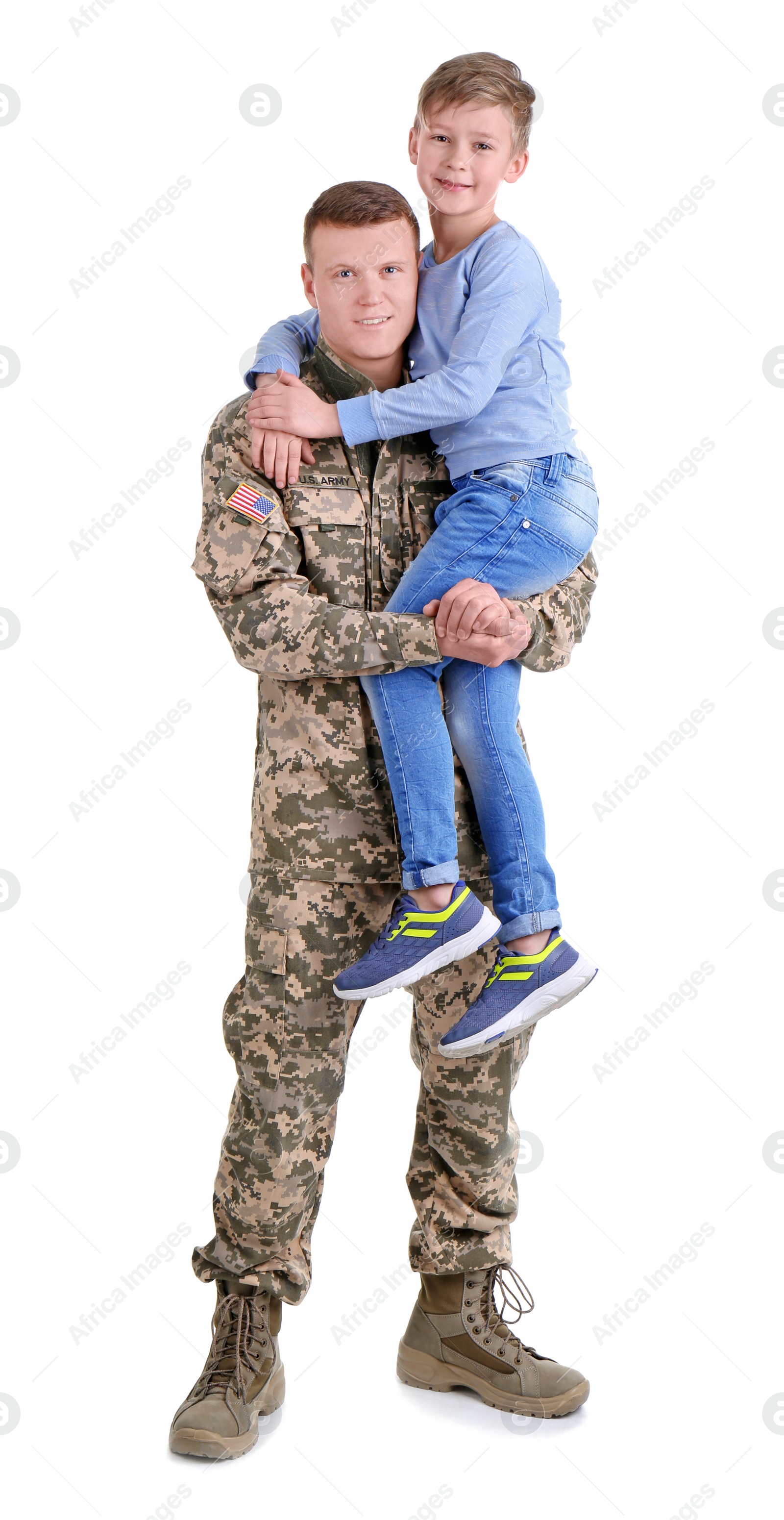 Photo of Male soldier with his son on white background. Military service