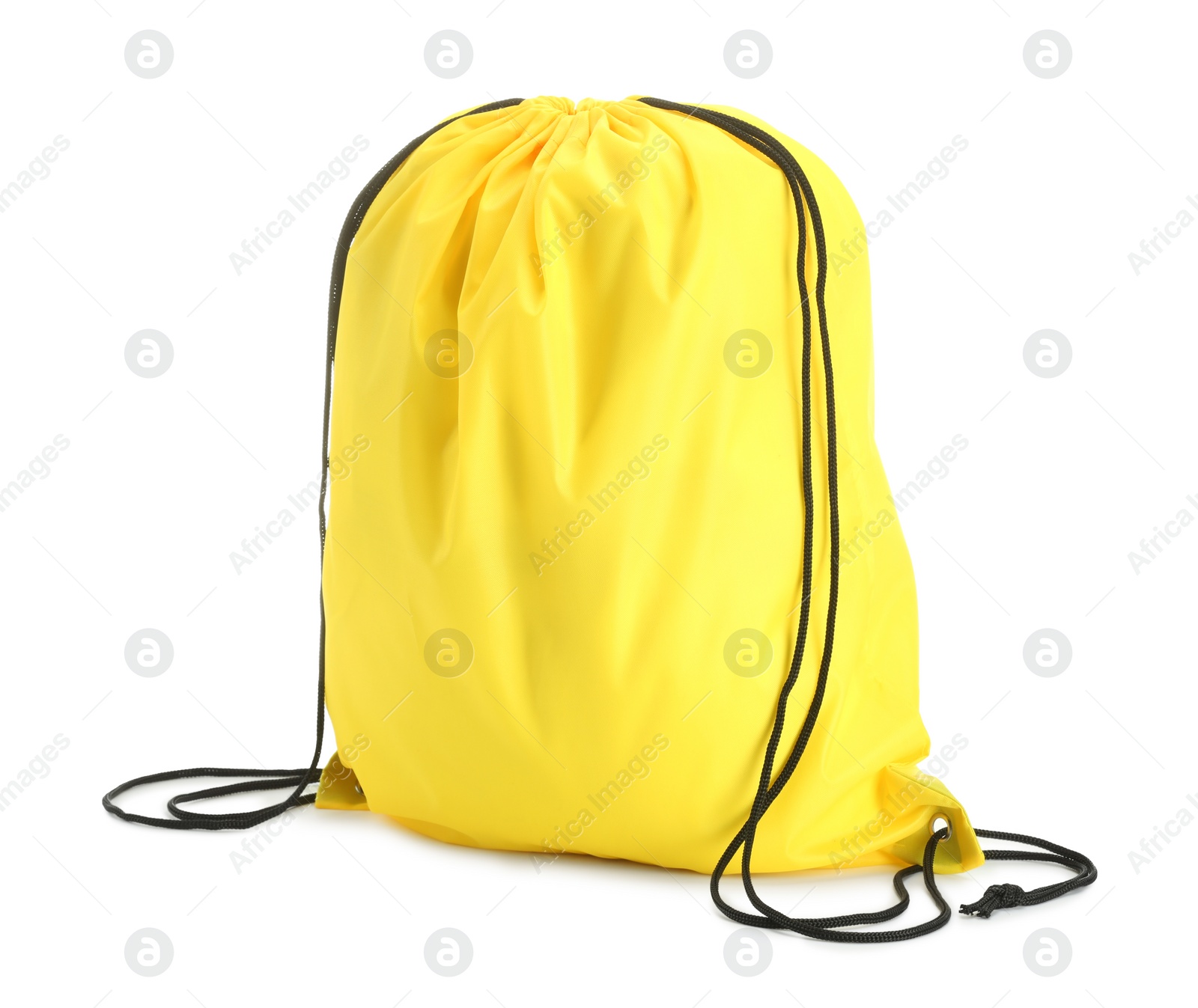 Photo of One yellow drawstring bag isolated on white