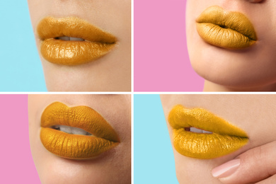 Image of Woman with beautiful gold lipstick on color backgrounds, collage