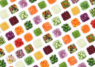 Image of Many containers with different fresh vegetables on white background, top view. Collage