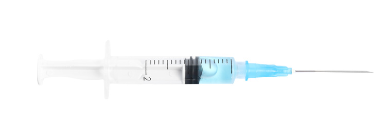 Photo of Syringe with medication isolated on white, top view. Vaccination and immunization