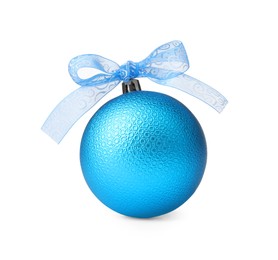 Photo of Beautiful light blue Christmas ball with bow isolated on white