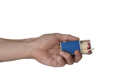 Man holding box with matches on white background, closeup