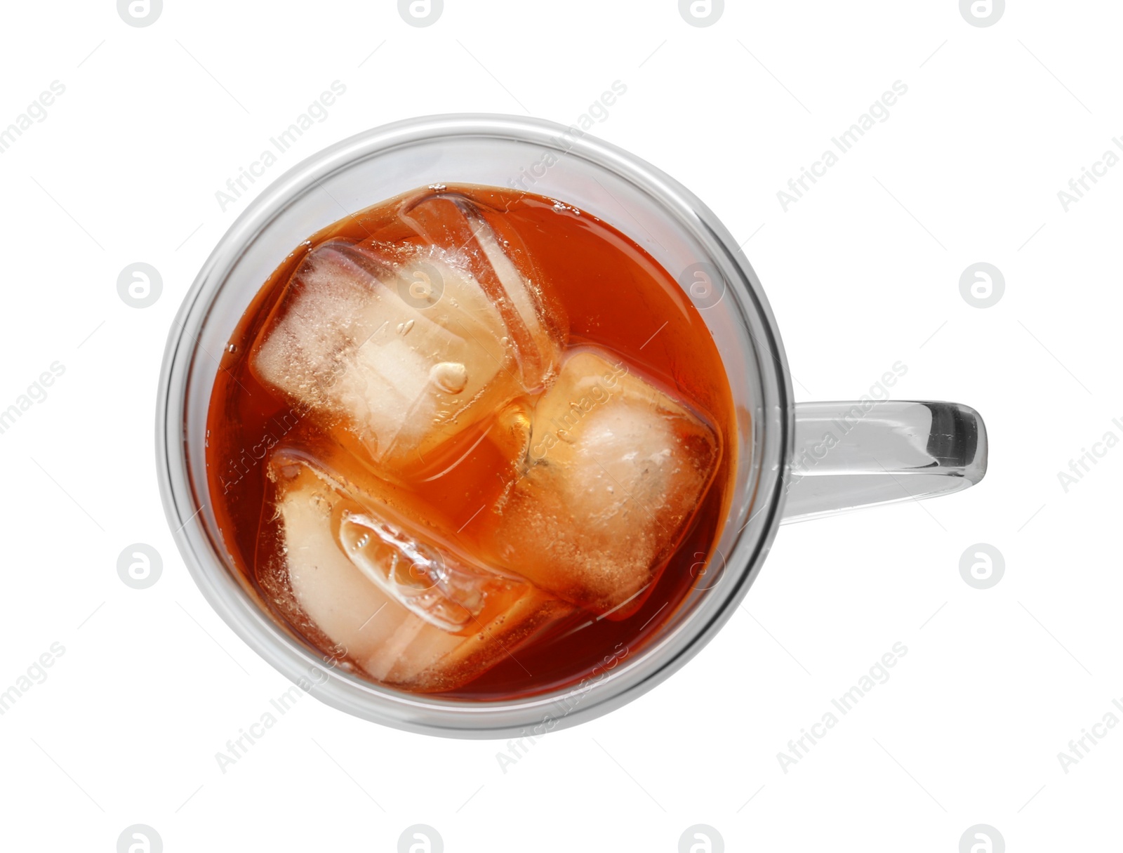 Photo of Cup of refreshing iced tea on white background, top view