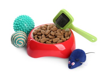 Photo of Different pet food and accessories isolated on white. Shop assortment