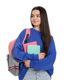 Photo of Teenage girl with backpack and textbooks on white background