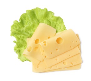 Slices of tasty fresh cheese and lettuce isolated on white, top view