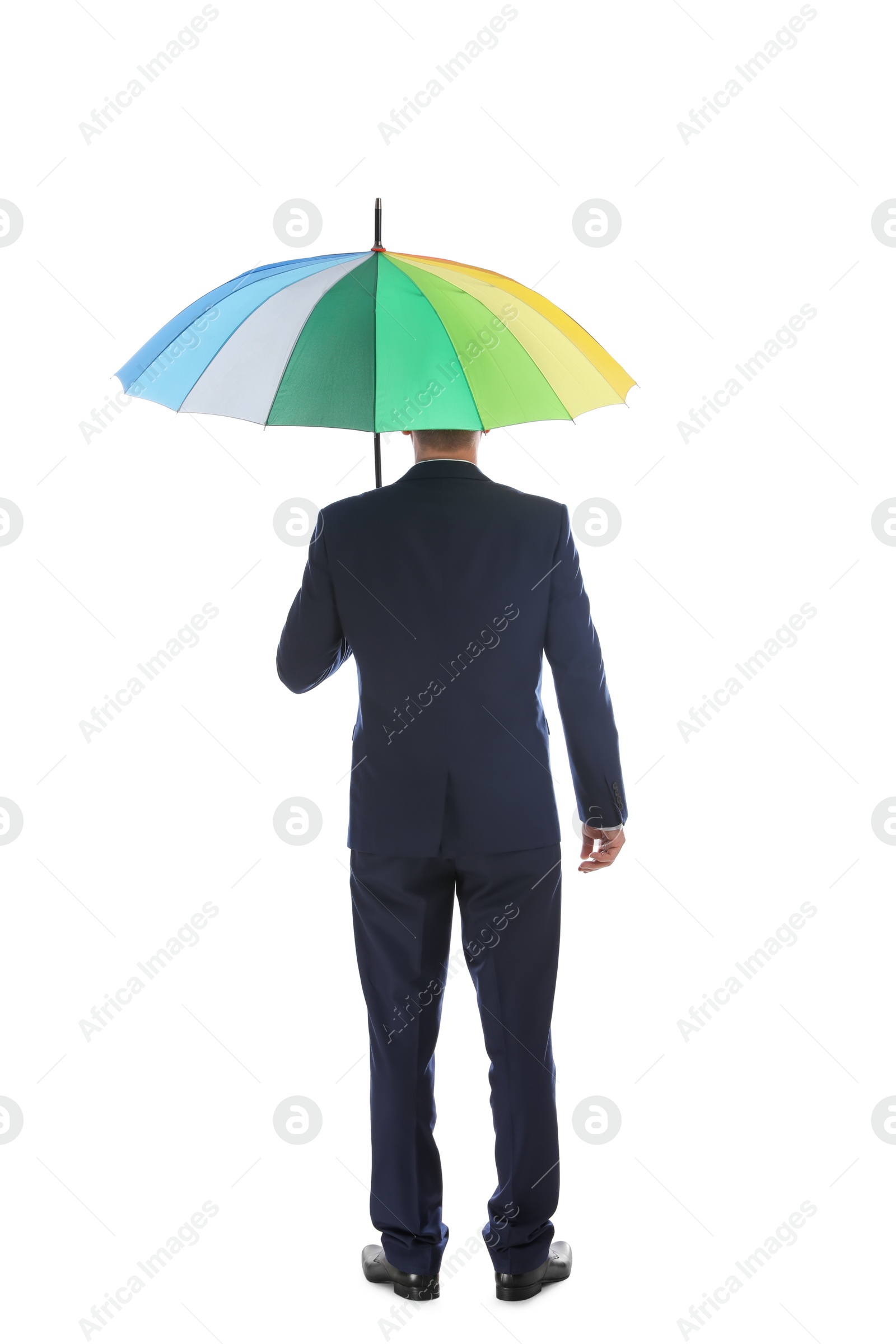 Photo of Businessman with rainbow umbrella on white background