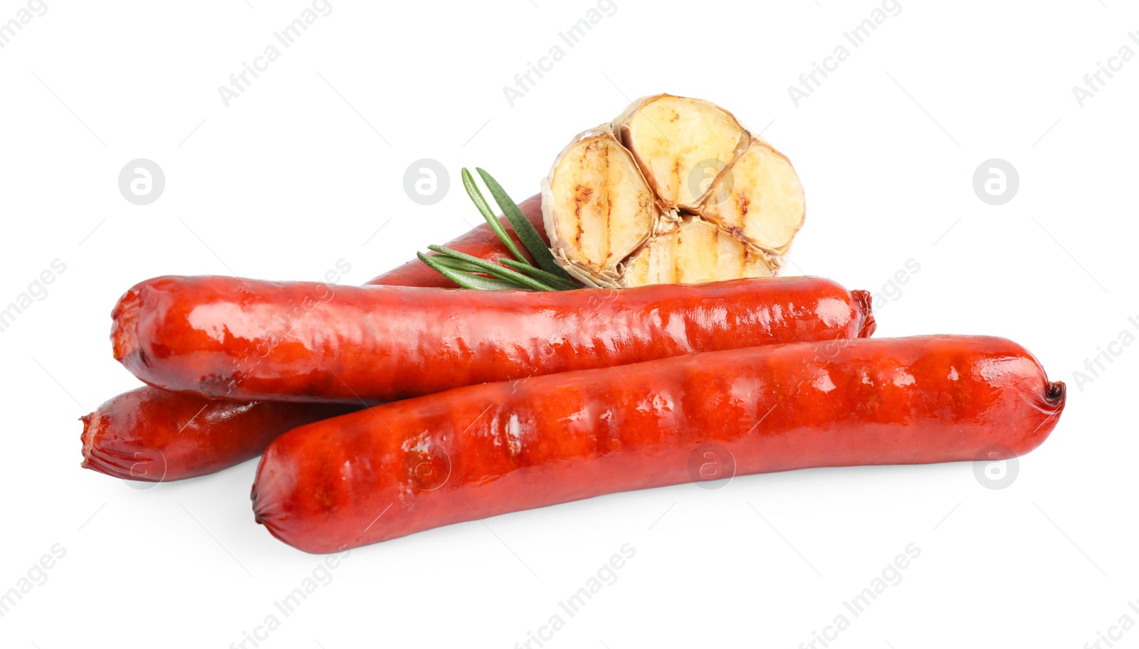 Photo of Delicious grilled sausages on white background. Barbecue food