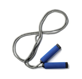 Photo of Jump rope on white background, top view. Sports equipment