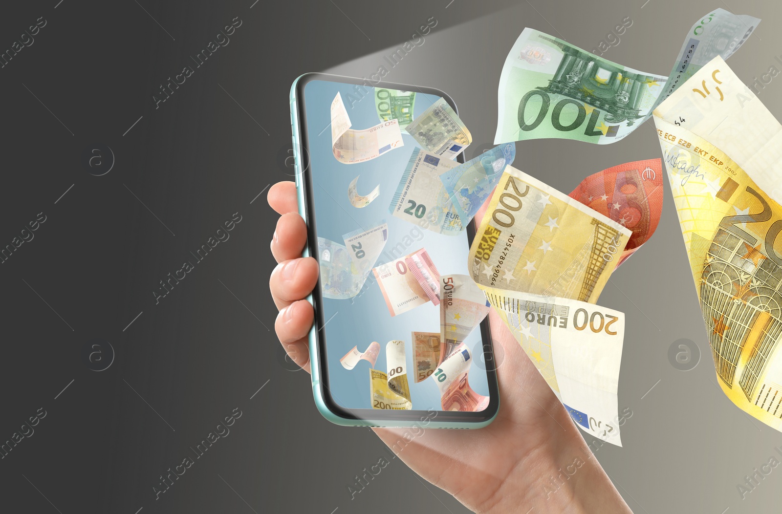 Image of Online wallet. Woman using mobile phone on dark background, closeup. Euro banknotes flying from device screen