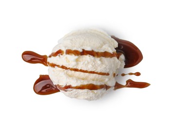 Photo of Scoop of ice cream with caramel sauce isolated on white, top view