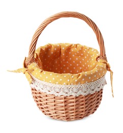 Photo of Empty Easter wicker basket with decorative fabric isolated on white