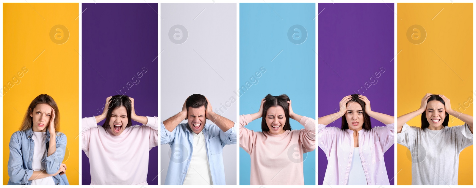 Image of Collage with photos of stressed people on color backgrounds