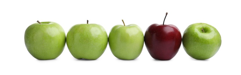 Photo of Fresh ripe green and red apples on white background