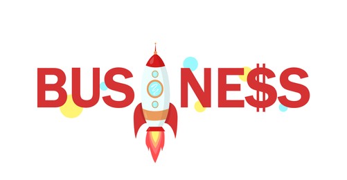 Illustration of Word Business with dollar sign instead of letter S and illustration of rocket on white background