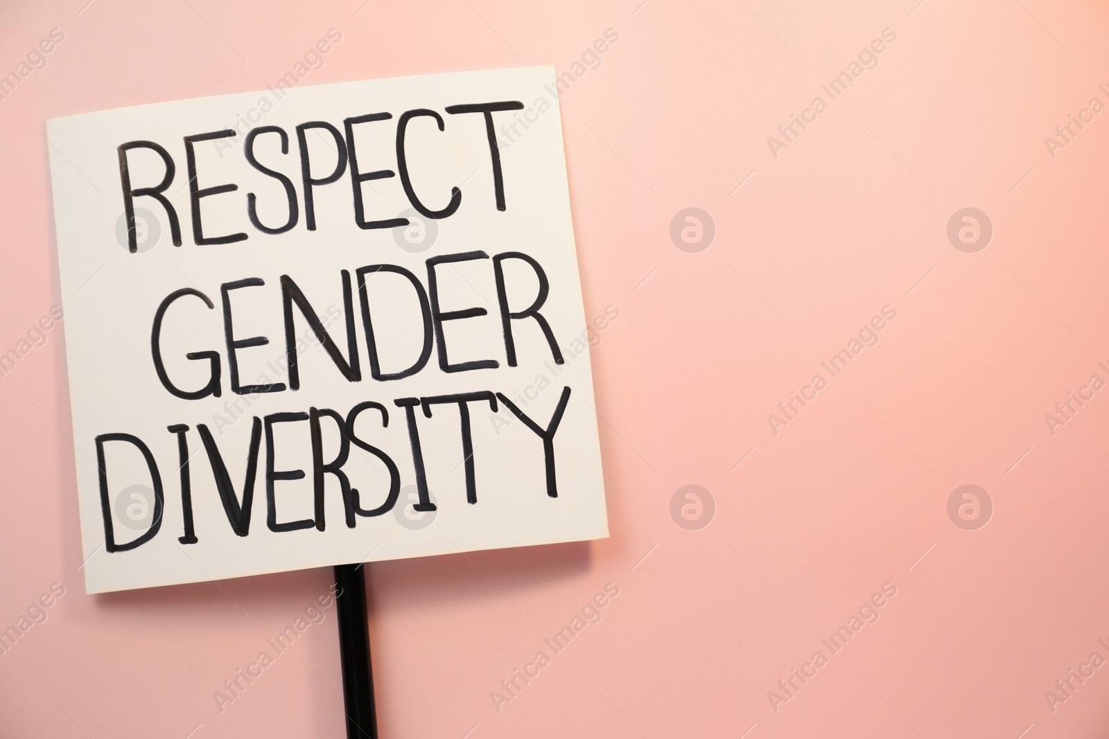 Photo of Sign with phrase Respect Gender Diversity on pink background, top view. Space for text