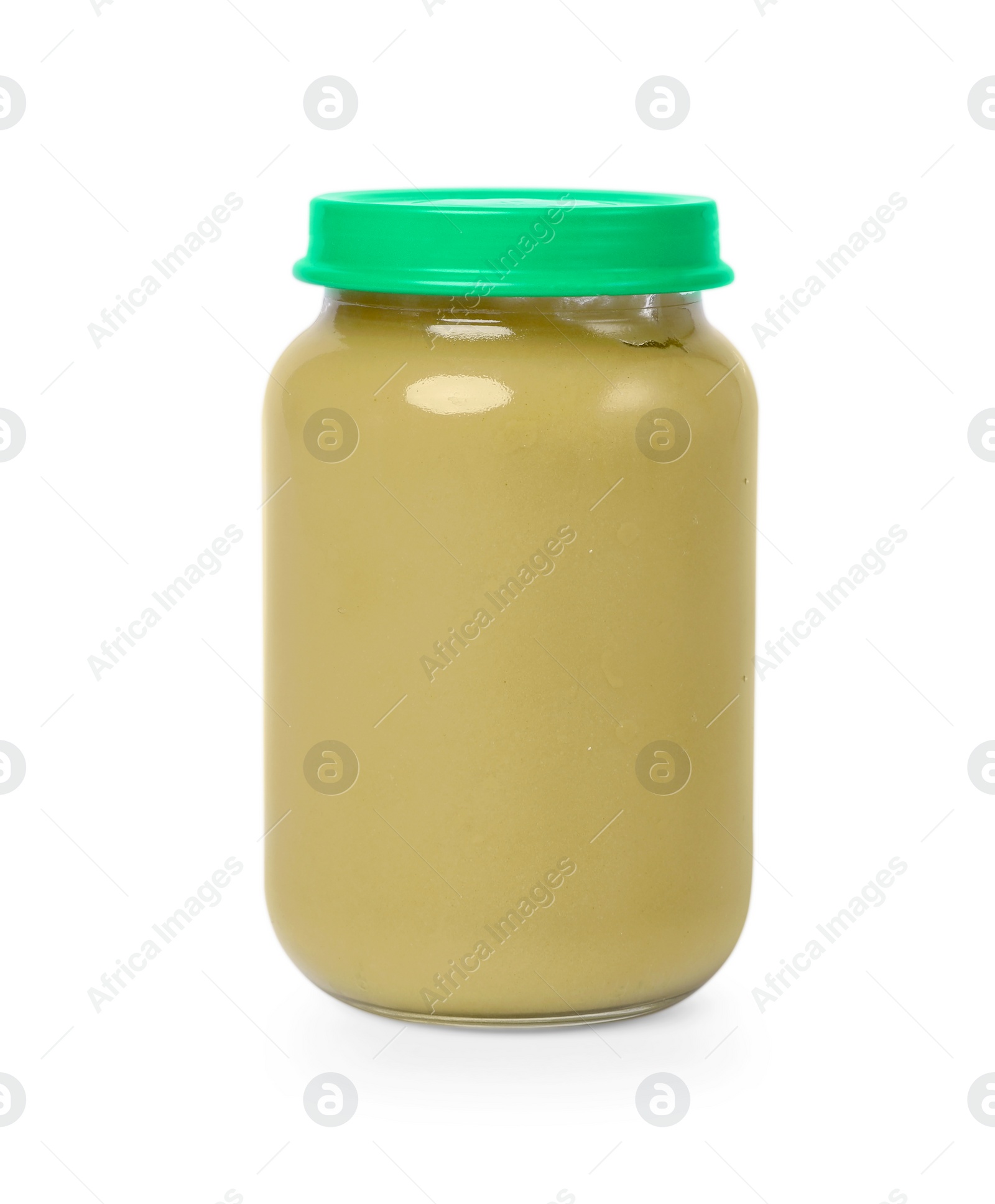 Photo of Glass jar with healthy baby food isolated on white