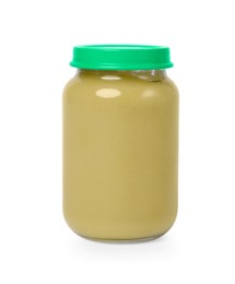 Photo of Glass jar with healthy baby food isolated on white